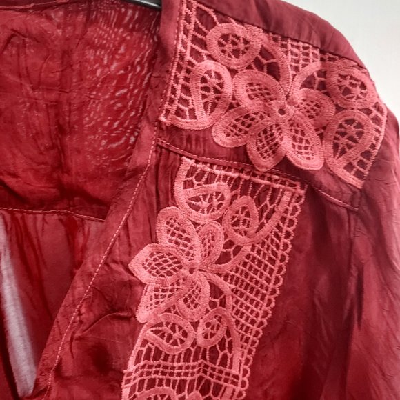 Johnny Was Crimson Red Embroidered Georgette ¾ Sleeve Top - Picture 3 of 7